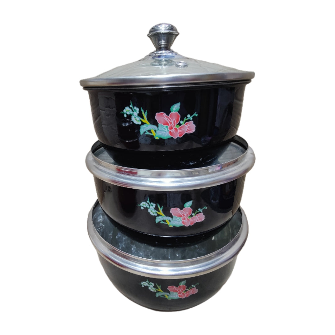 Stainless Steel Black color Serving Donga Bowl With Glass Lid Hakimi Steel