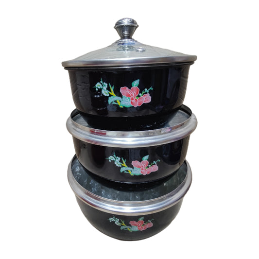 Stainless Steel Black color Serving Donga Bowl With Glass Lid Hakimi Steel