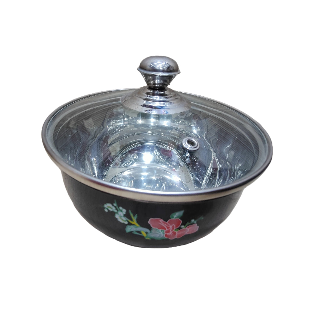 Stainless Steel Black color Serving Donga Bowl With Glass Lid Hakimi Steel