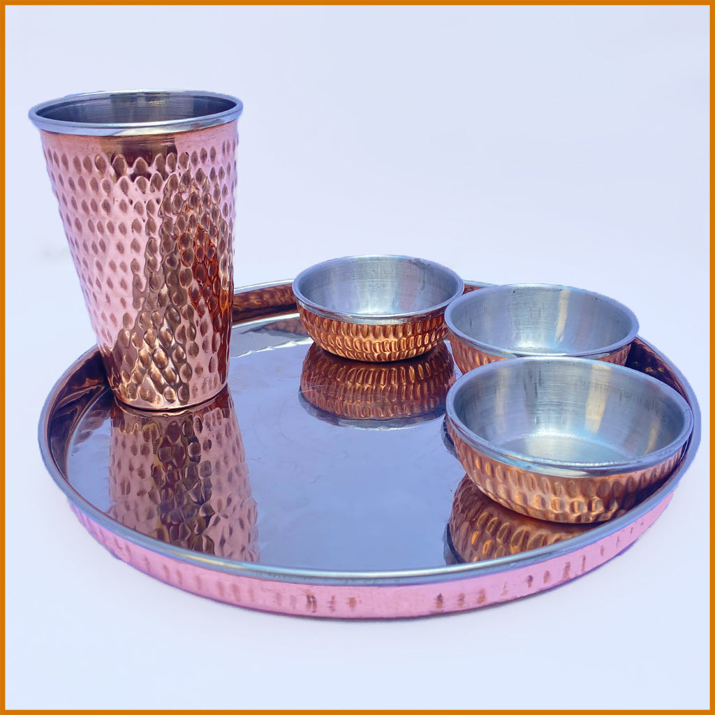 Copper steel thali set 1 large thali 1 glass 3 pyali