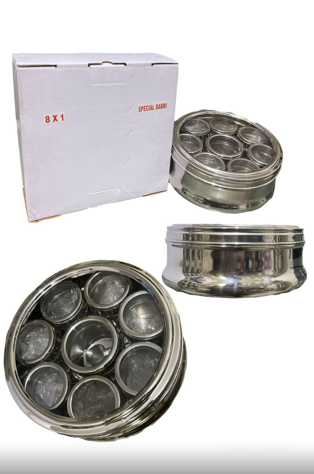 Steel Spice box heavy 8 jars with acrylic lids beautiful indian