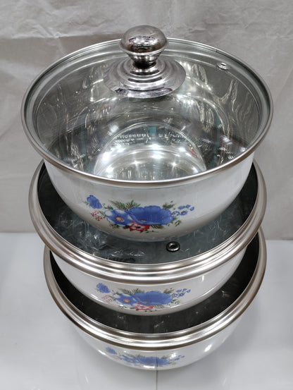 White Serving donga with glass lid stainless steel