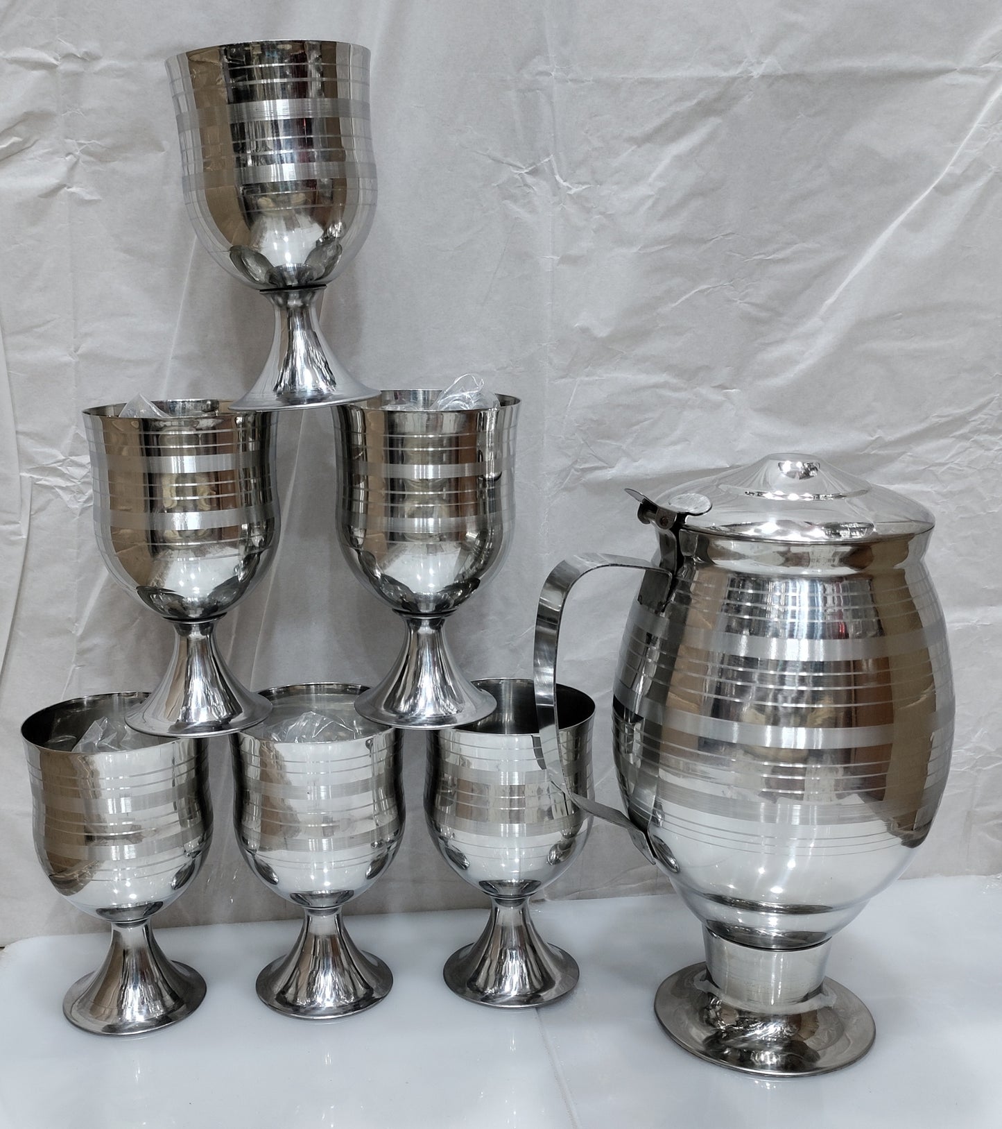 Stainless Steel Silver touch Beautiful Shape Heavy Material Water set 6 glass 1 jug Hakimi Steel