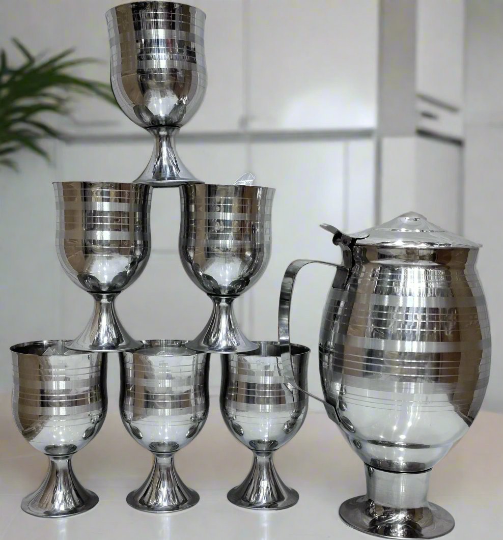 Stainless Steel Silver touch Beautiful Shape Heavy Material Water set 6 glass 1 jug Hakimi Steel