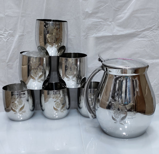 apple shape water set 1 jug 6 glass heavy stainless steel flower design