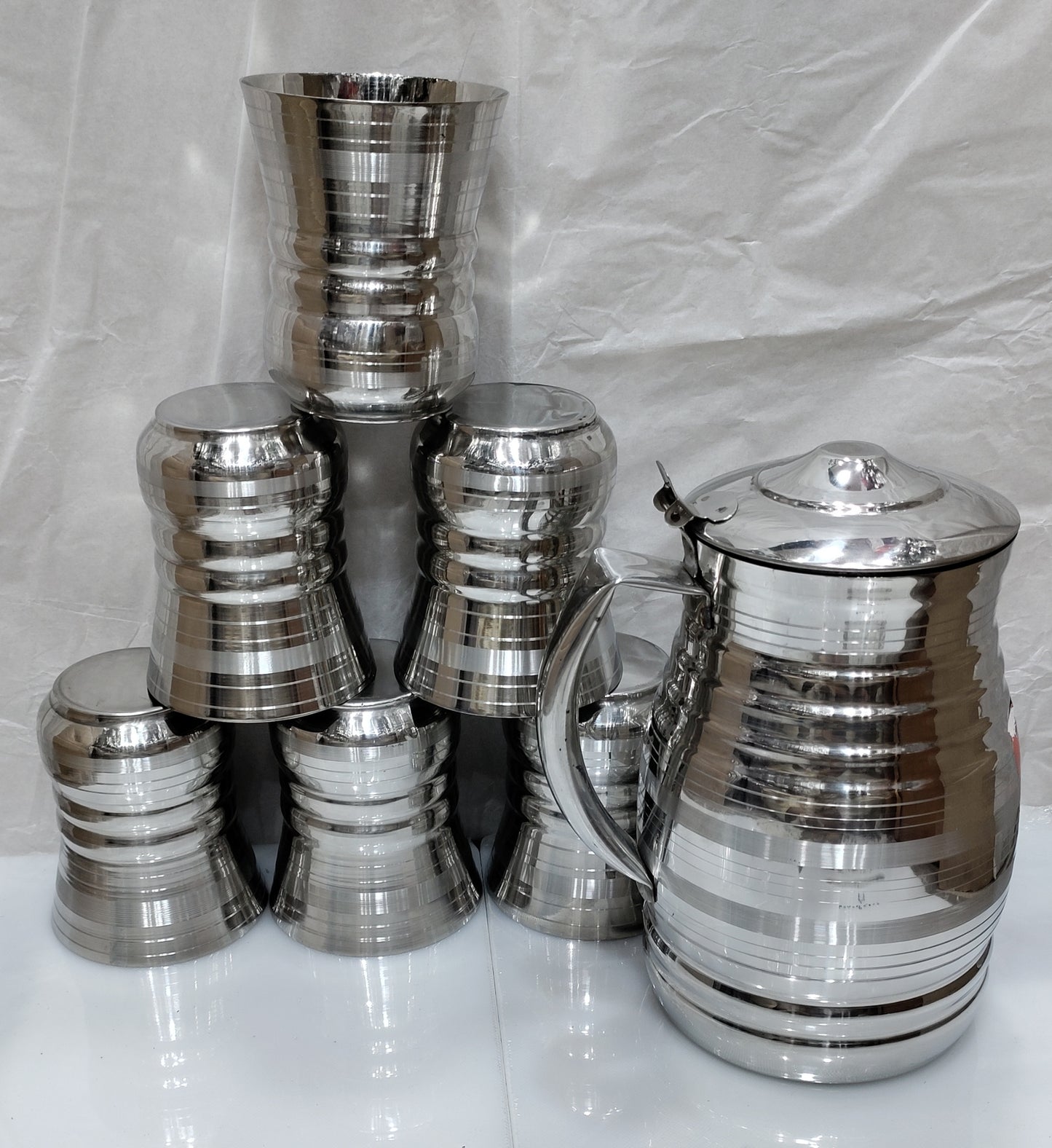 Stainless Steel Silver Touch Shiny Heavy Material Water set 6 glass 1 jug Hakimi Steel