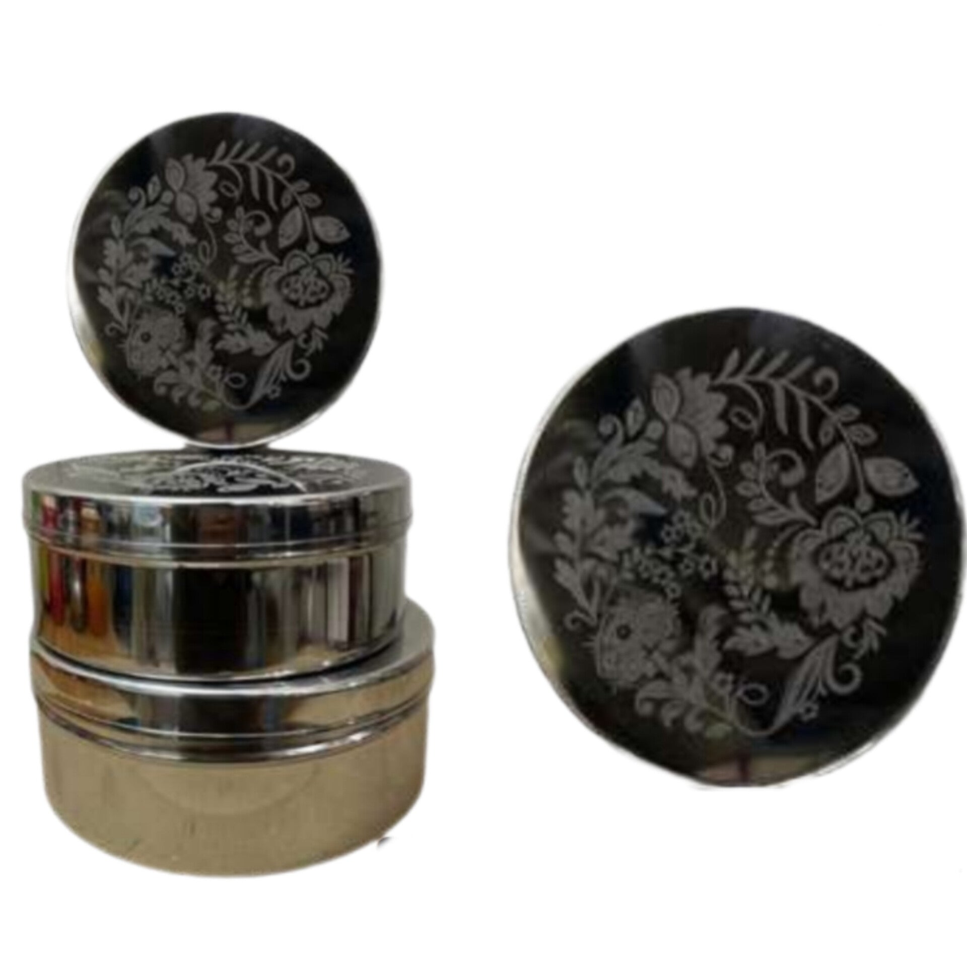 Stainless Steel Laser Flower print Puri Dabba 3pcs Set Hakimi Steel