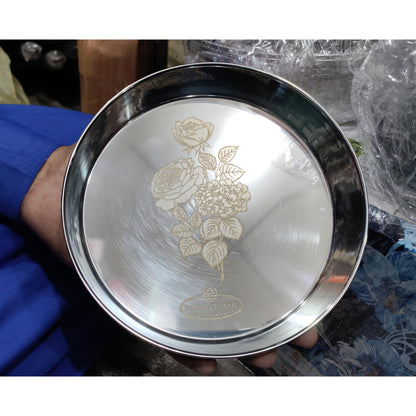 Stainless Steel Round Thali Laser Flower Design 6 Sizes Hakimi Steel