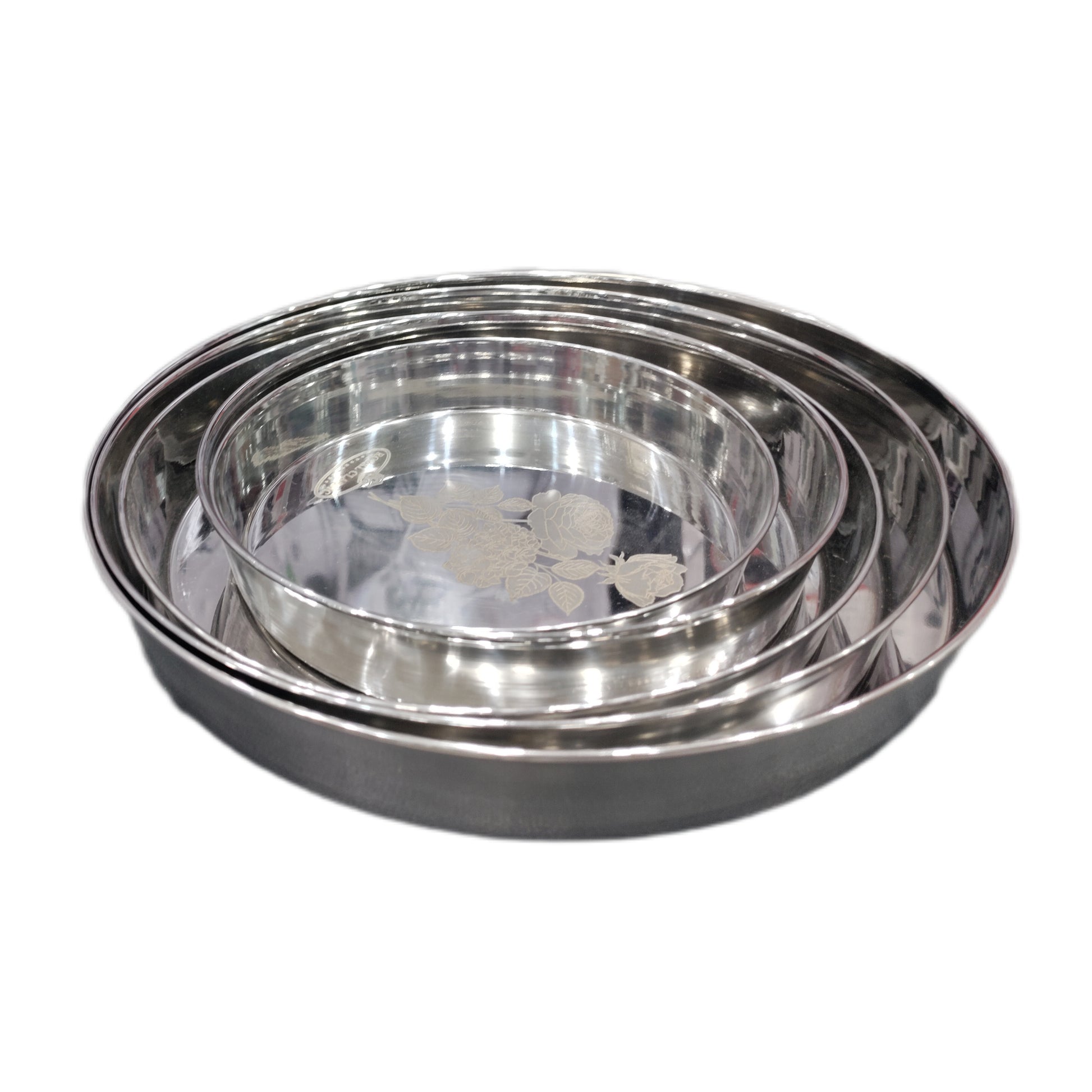 Stainless Steel Round Thali Laser Flower Design 6 Sizes Hakimi Steel