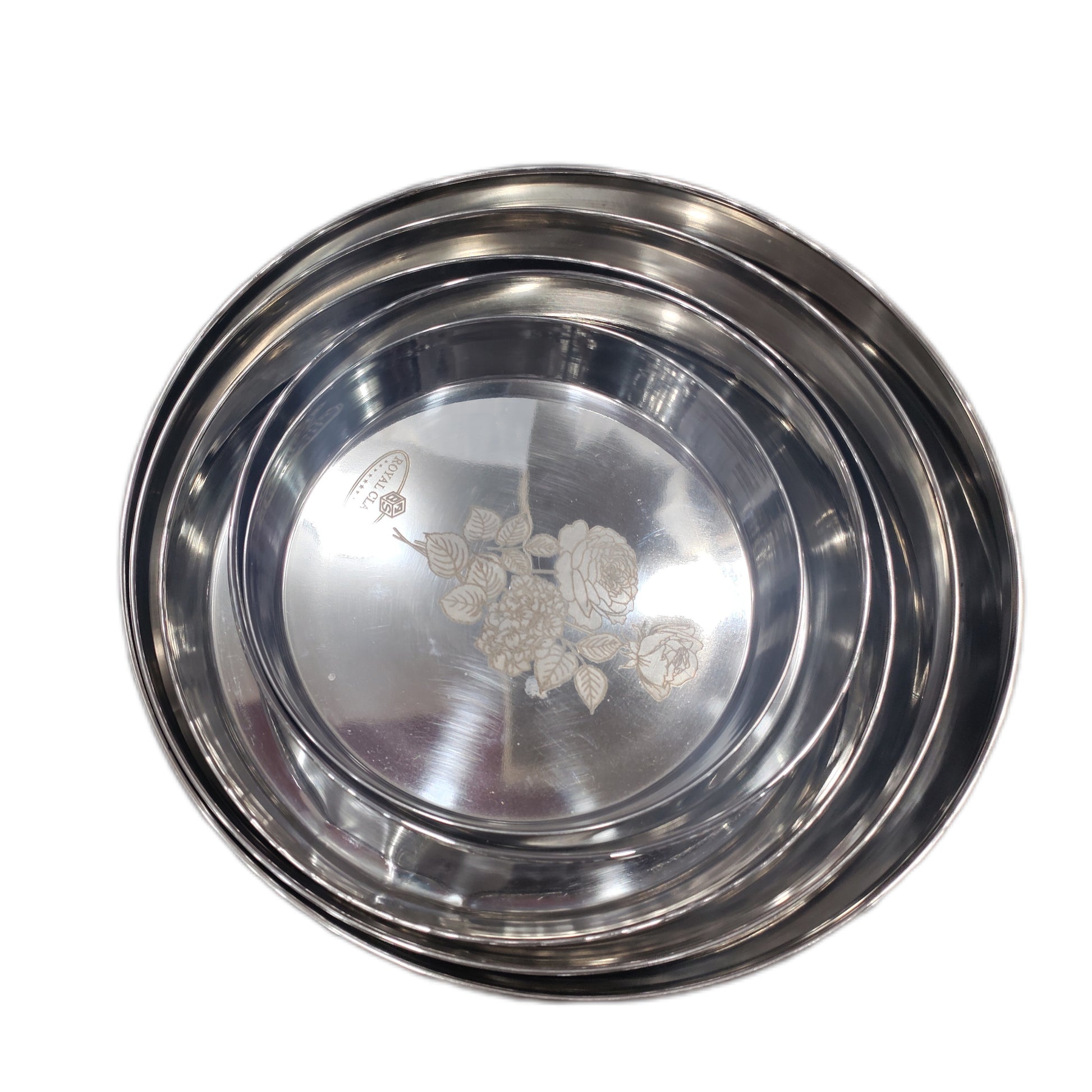 Stainless Steel Round Thali Laser Flower Design 6 Sizes Hakimi Steel