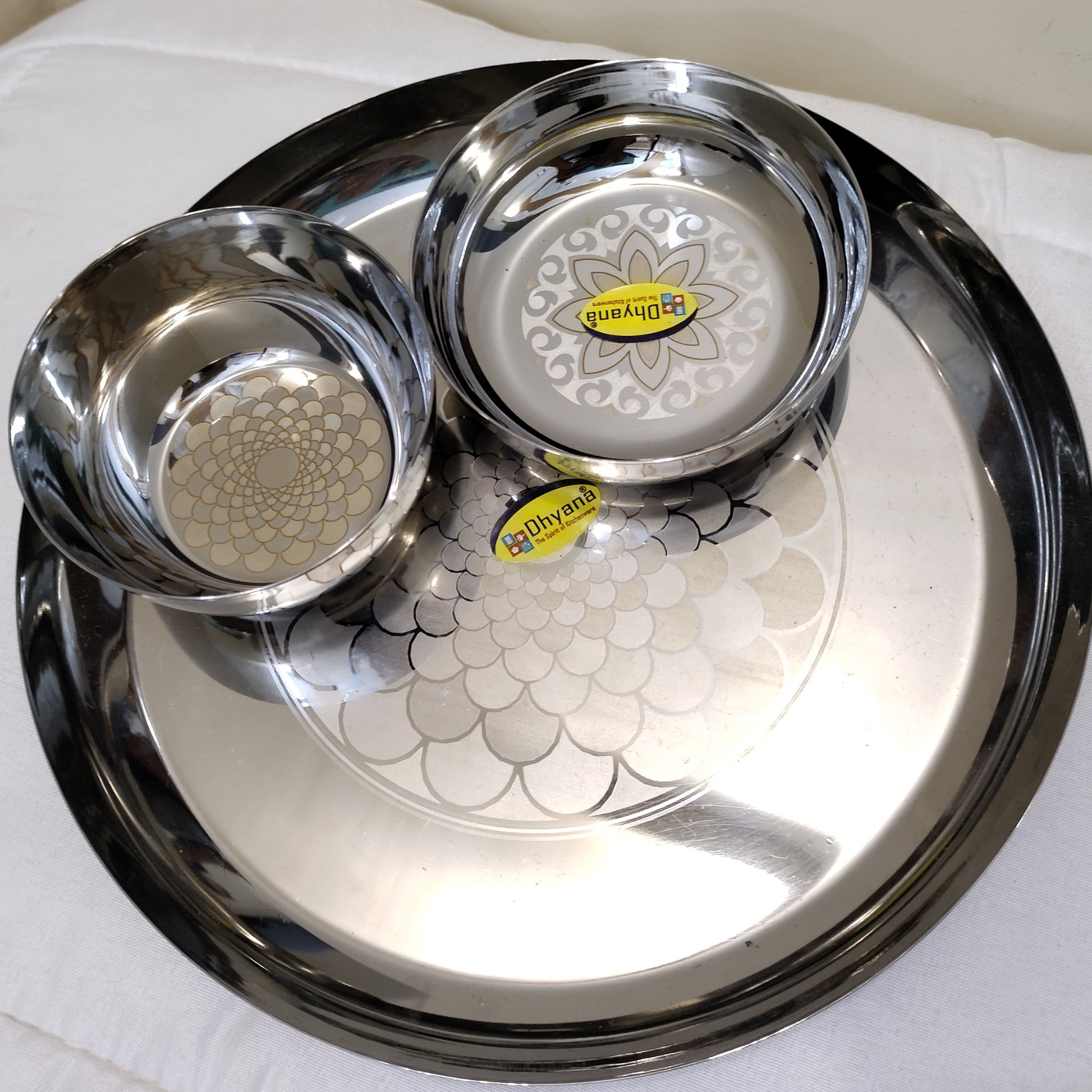 Thali set stainless steel flower printed design heavy material Hakimi Steel