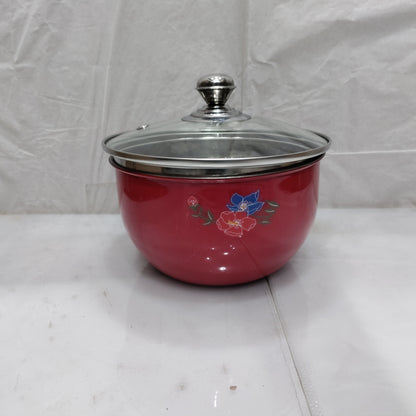 Stainless Steel Red color Serving Donga Bowl With Glass Lid