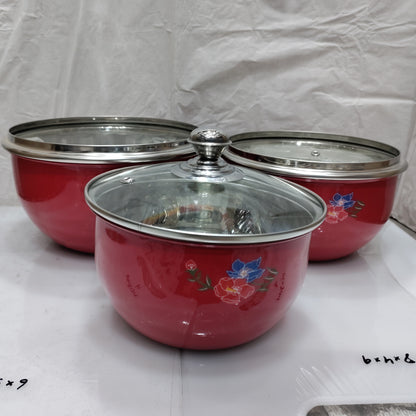 Stainless Steel Red color Serving Donga Bowl With Glass Lid