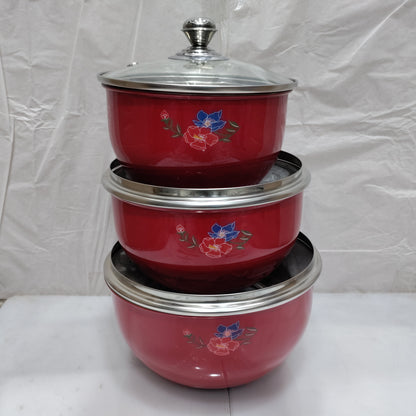 Stainless Steel Red color Serving Donga Bowl With Glass Lid