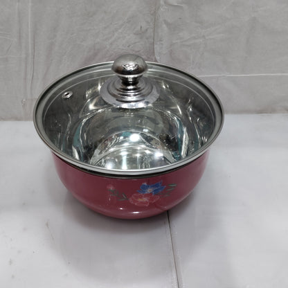 Stainless Steel Red color Serving Donga Bowl With Glass Lid