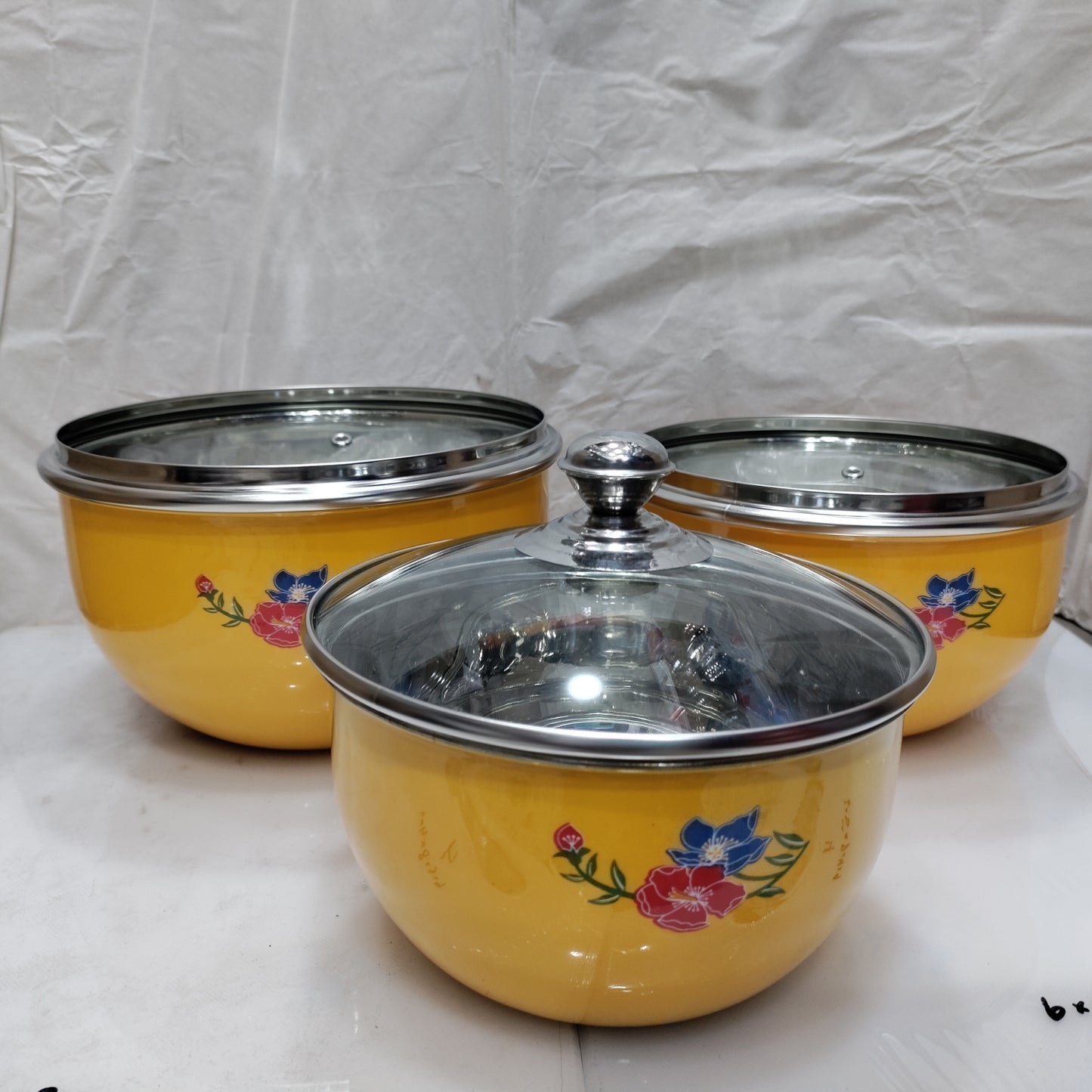 Stainless Steel yellow color Serving Donga Bowl With Glass Lid