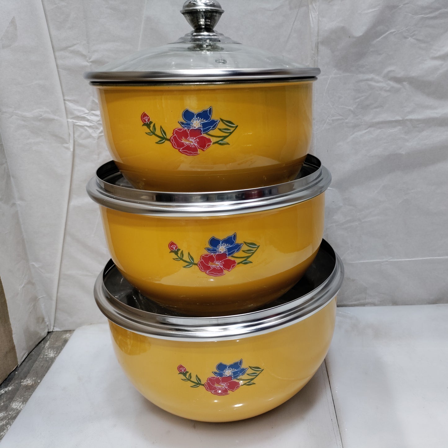 Stainless Steel yellow color Serving Donga Bowl With Glass Lid