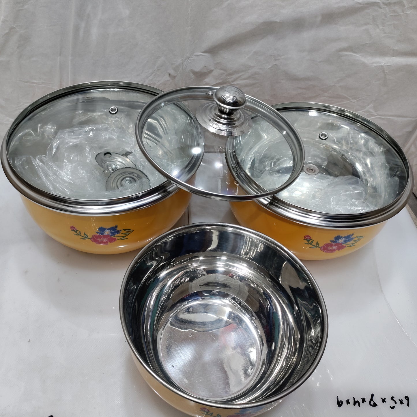 Stainless Steel yellow color Serving Donga Bowl With Glass Lid